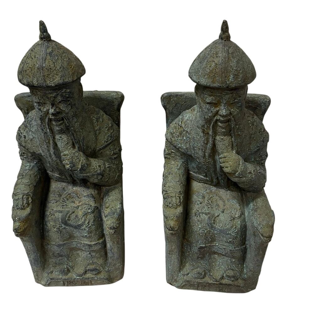 Pair Chinese Style Emperor Resin Bookends Dragon Verdigris Asian Decor 12”